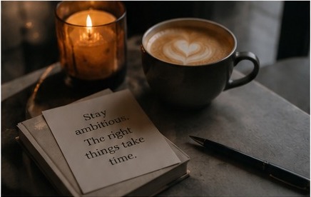Coffee, candle, notebook, and laptop on a writing desk